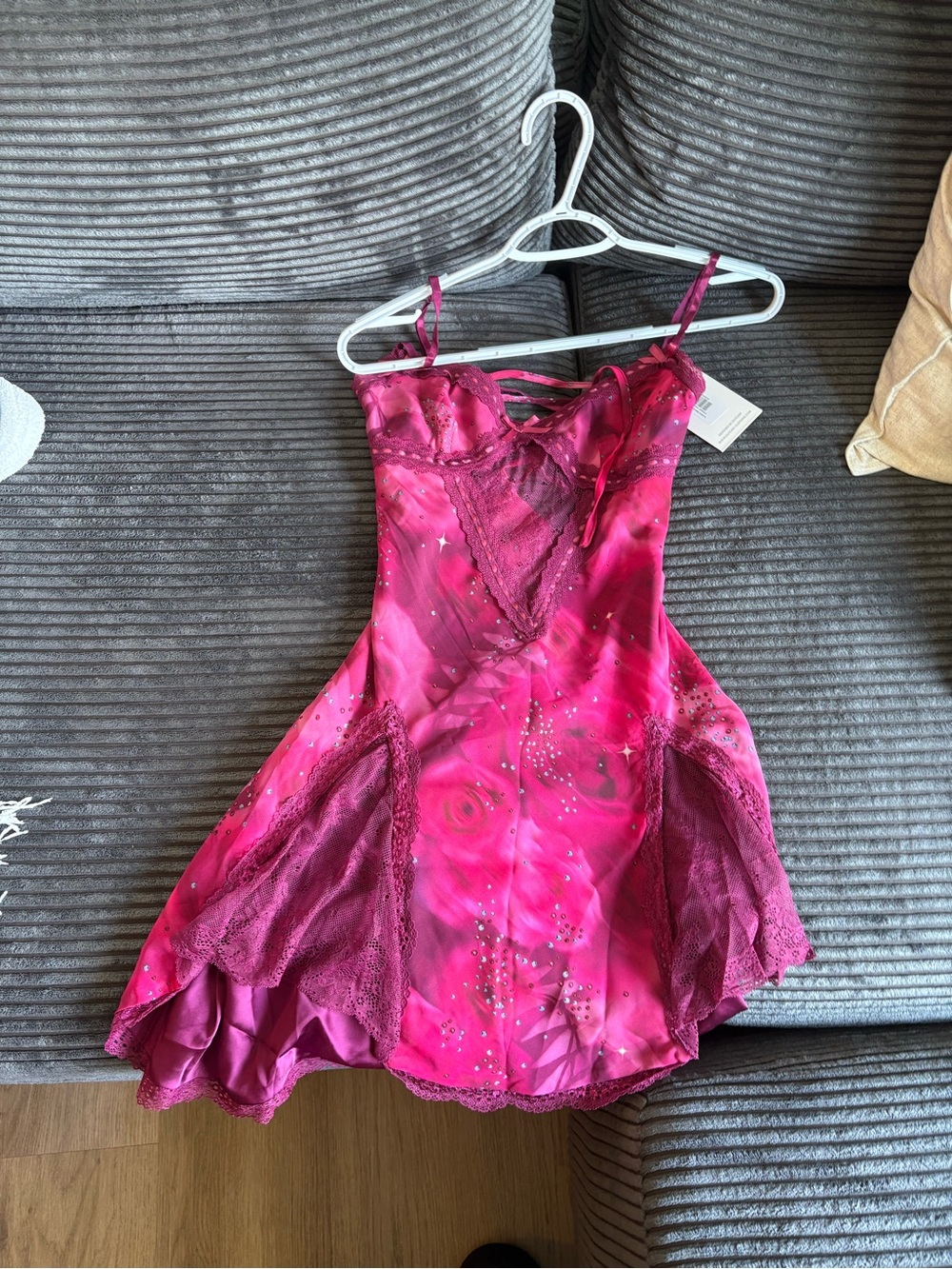 Women's Hot Pink Floral Mini Slip Dress with Lace Trim